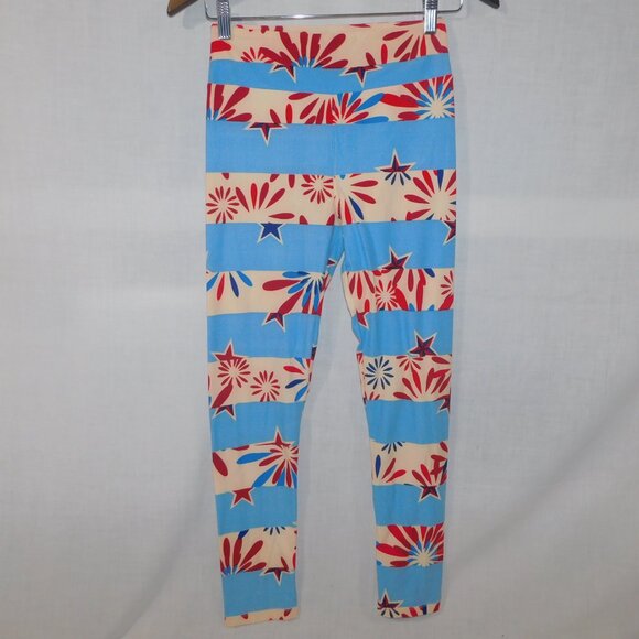 LuLaroe Blue Red Cream Stars and Bursts Womens Leggings OS size 2 -10 - Picture 2 of 8